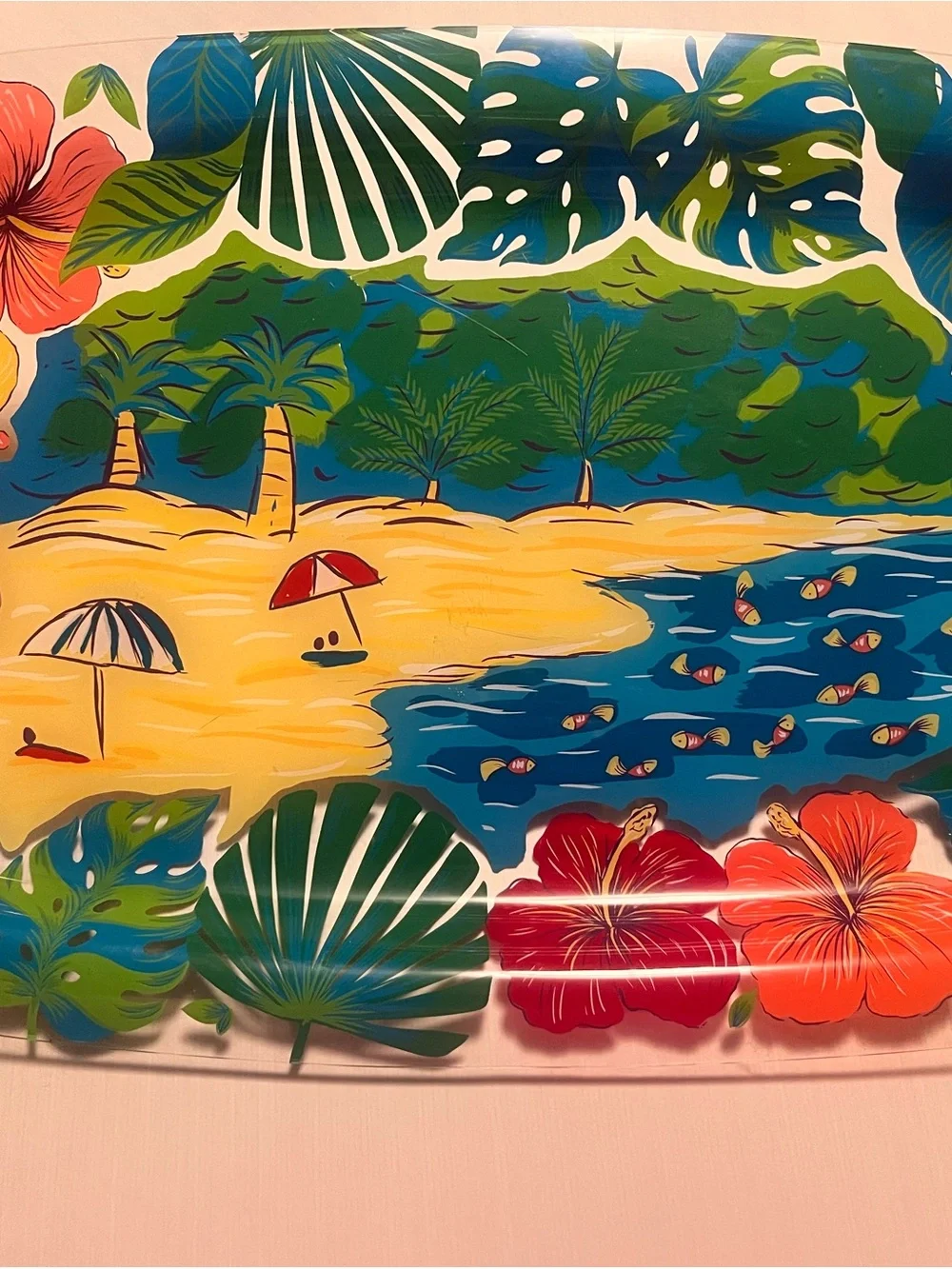 Tropical Beach Print Serving Platter with Hibiscus and Palm Leaves - Picture 1 of 4
